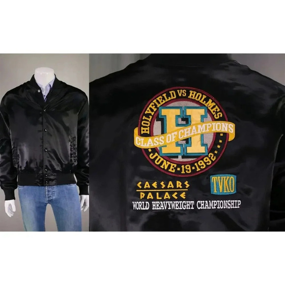 Holyfield vs. Holmes 1992 Caesars Palace Vintage Black Satin Bomber Jacket XL - Picture 1 of 8